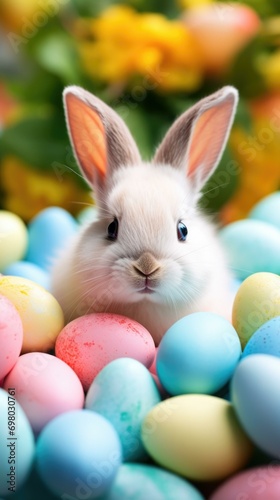 A small white rabbit is surrounded by colorful eggs. Generative AI. © Natalia