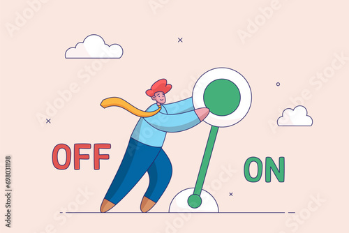Setting or preference concept. Turn on switch, paradigm shift or change to be better status, start or begin business, smart businessman push setting button switch to on position.