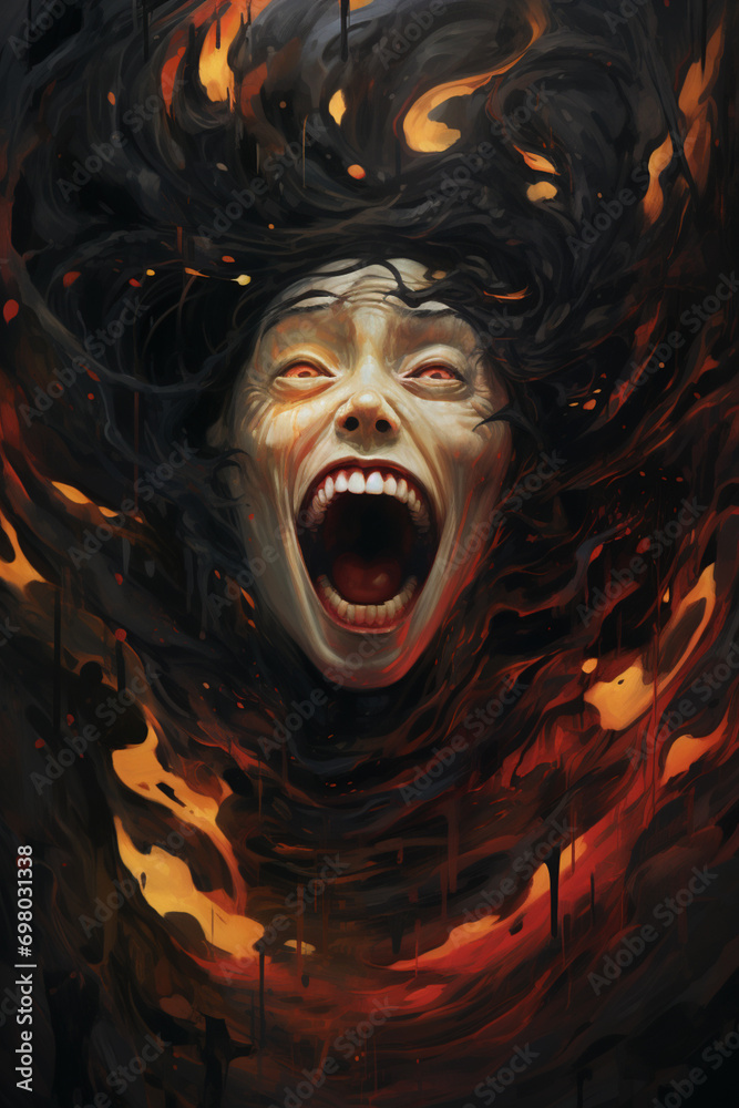 A distorted mouth attempting to smile amid dark, swirling patterns, illustrating the emotional complexity and difficulty in expressing joy during depression.