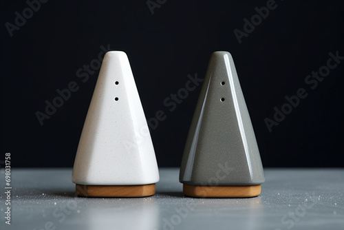 A set of geometric ceramic salt and pepper shakers, showcasing a modern and minimalist approach to seasoning.