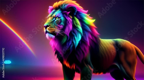 虹色のネオンカラーのライオン｜rainbow neon colored lion Generative AI photo