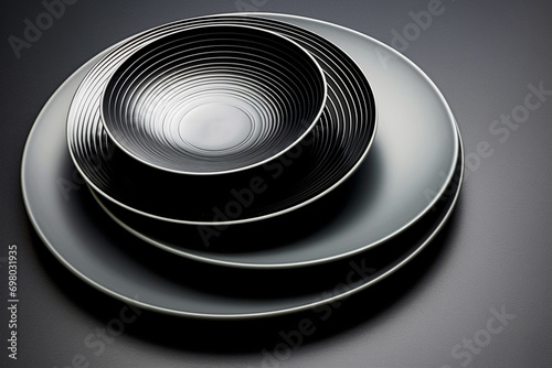 A set of monochrome ceramic plates, featuring a rimless design for a clean and modern tabletop presentation.