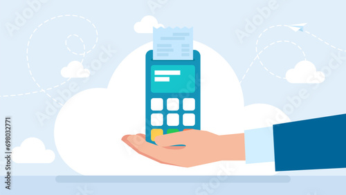 Payment Terminal in Hand. Render Male hand holding POS payment machine icon in flat style. Payment NFC Keypad Machine. Credit Debit Card Reader. Contactless Payment Transaction. Vector illustration