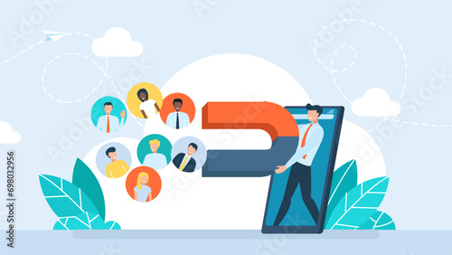 Customer attraction marketing strategy, generating new digital leads advertising concept. SEO or SMM specialist. Businessman attract money cash and new customer with big magnet. Vector illustration
