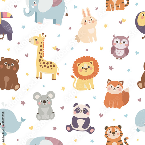 Vector seamless pattern with cute wild animals, colorful kids background