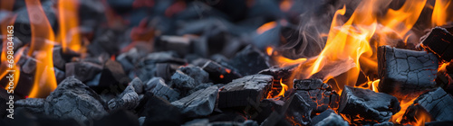 Burning firewood and coals of a fire close up. Background for grilled food with fire.