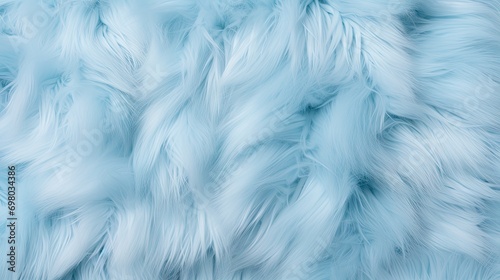 Light Blue fur texture top view. Turquoise fluffy fabric winter coat background. Abstract wallpaper textile surface