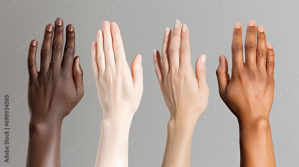 Hands of different people, of diverse race, skin color, gender raising over grey background. Human rights and equality. Concept of human relation, community, togetherness, symbolism, culture