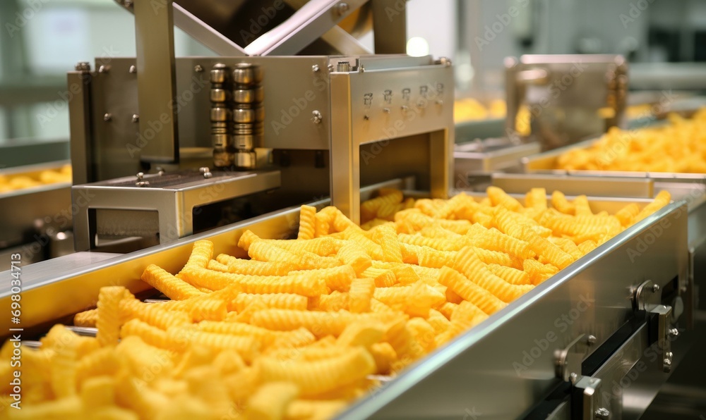 A conveyor belt carries freshly cooked yellow chips in a snack food factory. Generative AI. A conveyor belt carries freshly cooked yellow chips in a snack food factory. Generative AI.