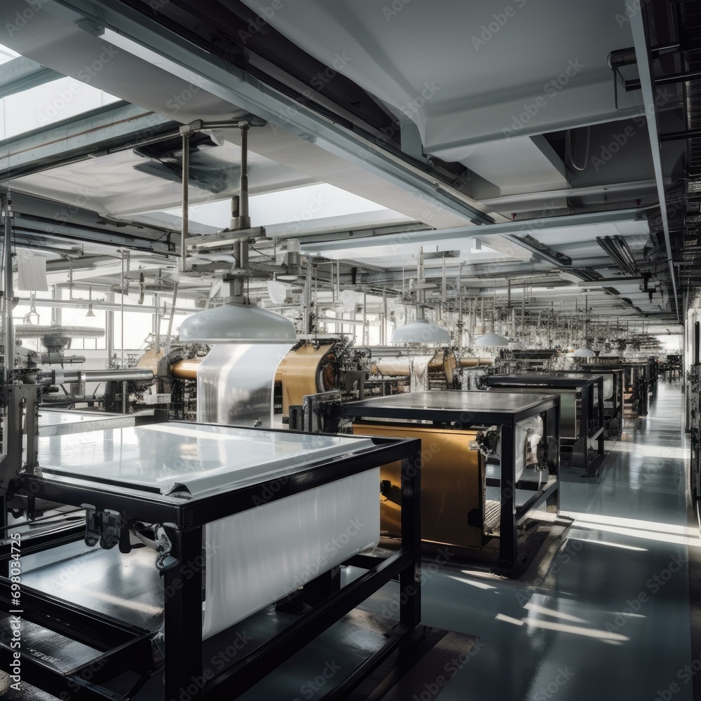 A factory with many machines and tables. Generative AI. A factory with many machines and tables. Generative AI.
