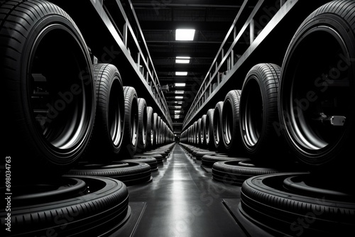 A black and white photo of tires in a warehouse. Generative AI.
