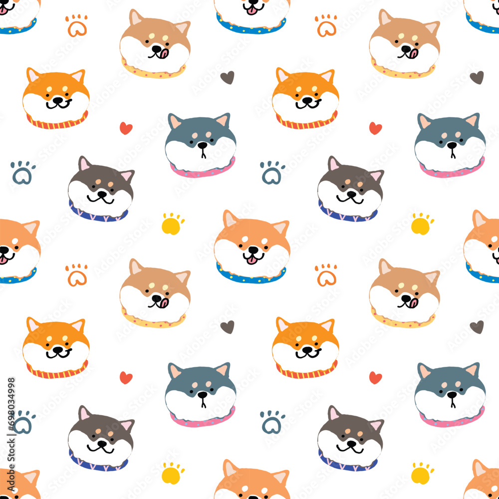 Seamless Pattern with Cute Cartoon Shiba Inu Dog Face Design on White Background