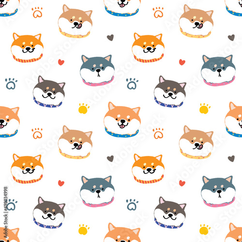 Seamless Pattern with Cute Cartoon Shiba Inu Dog Face Design on White Background