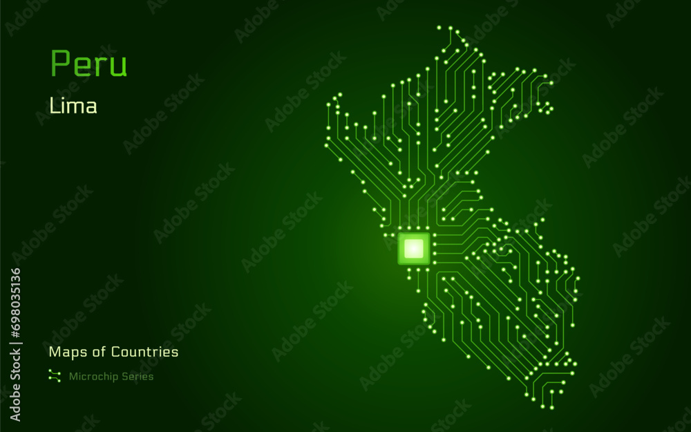 Peru Map with a capital of Lima Shown in a Microchip Pattern. E-government. TSMC. World Countries vector maps. Microchip Series Peru Map with a capital of Lima Shown in a Microchip Pattern. E-government. TSMC. World Countries vector maps. Microchip Series