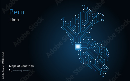Peru Map with a capital of Lima Shown in a Microchip Pattern. E-government. TSMC. World Countries vector maps. Microchip Series
