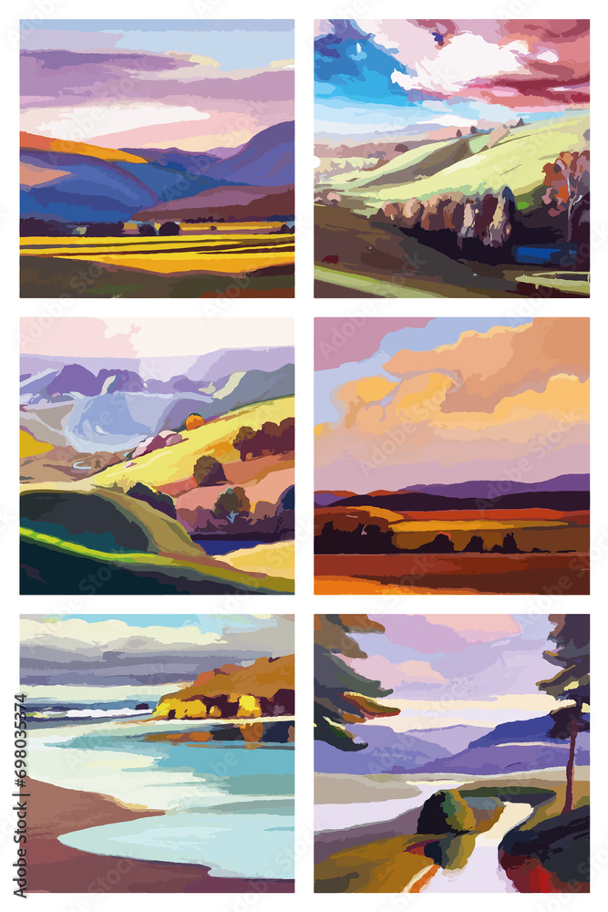 planche de plusieurs paysages de champs et collines dans un style peinture en aplat