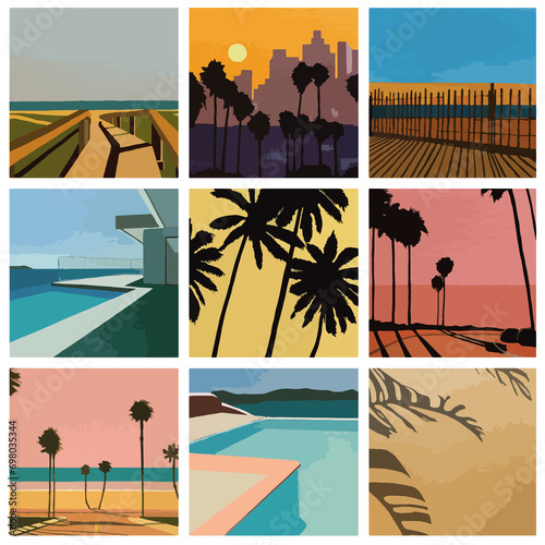 collection d'illustrations de paysages simples dans un style peinture pop art en aplat