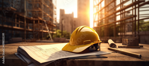 Yellow construction helmet on blurred background of construction site photo