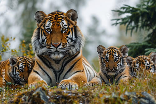 tiger family in grassland