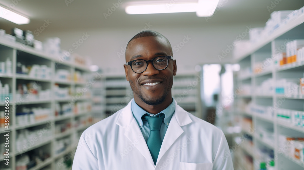 african male pharmacist standing by shelf at the pharmacy store. african male pharmacist standing by shelf at the pharmacy store.