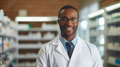 african male pharmacist standing by shelf at the pharmacy store. photo