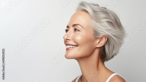 side view Attractive gorgeous mature older woman looking at camera isolated on white background advertising skincare spa treatment. Mid age tightening face skin care rejuvenation cosmetics concept.
