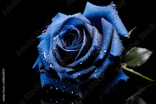 detailled close-up of a single blue rose with water drops and green leaf in front of black background