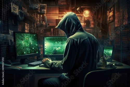 hacker in a hood with a laptop on a dark © dashtik
