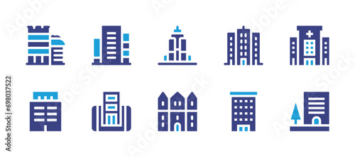 Building icon set. Duotone color. Vector illustration. Containing buildings, apartment, building automation, building, empire state building, hospital building.