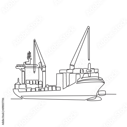 One continuous line drawing of a cargo ship is preparing to unload its cargo at the port vector illustration. Sea transportation design concept. Sea transportation design suitable for your asset.
