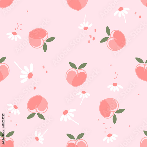 Seamless pattern of heart shape peach fruit with green leaf and daisy flower on pink background vector. Cute fruit print.