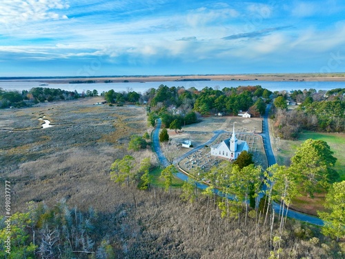 Aerial view of a white, old-fashioned church in the city of Princess Anne, Mount Vernon, Maryland