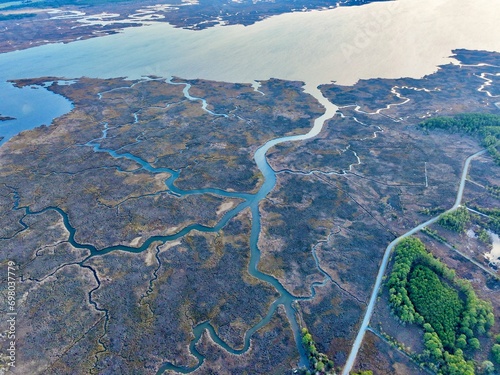 Aerial view of Princess Anne, Maryland with marshlands and waterways