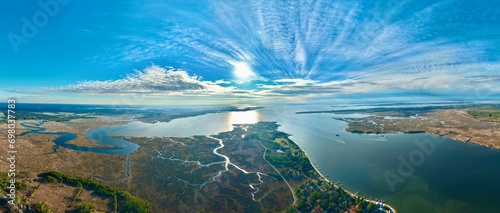 Aerial view of Princess Anne, Maryland with marshlands and waterways