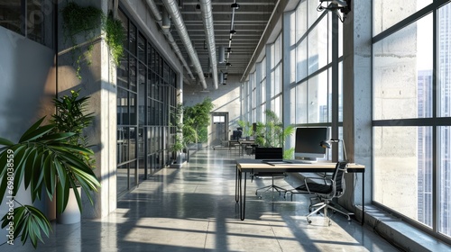 Cityscape Office Interior with Co-Working Space and Modern Decor