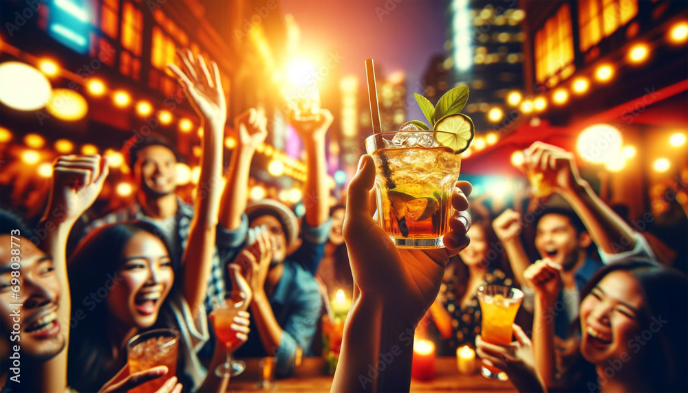 hand holding a glass of pink cocktail, set against a background of people cheering in a nightclub.