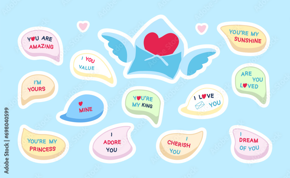 Stickers. Love phrases in talking bubbles for Valentines day on a blue background. Letter with wings and heart. Vector illustration