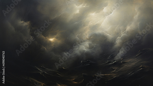 An abstract depiction of a storm, with dark, heavy clouds swirling in a tempestuous dance.