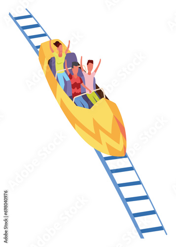 Roller coaster happy people. Rollercoaster. Friends riding in amusement park have fun positive emotion, park attractions. Young people having fun and enjoyment, cartoon vector illustration