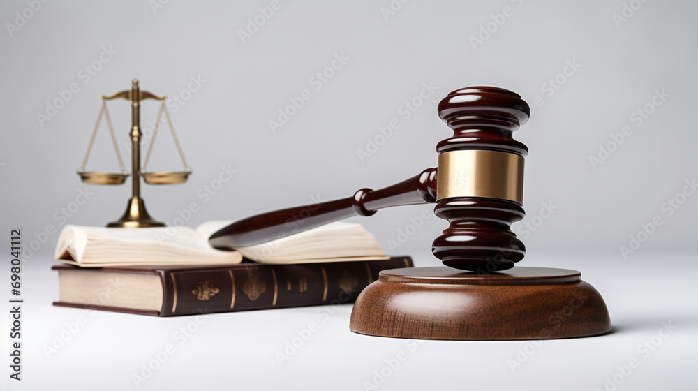 Close-up of judge hammer scale and book on lawyer table with white background Close-up of judge hammer scale and book on lawyer table with white background