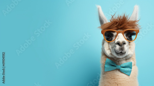 Big eye alpaca with blue bow tie and wearing glasses on blue wall background photo