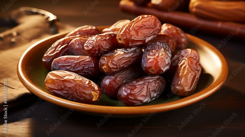 Plate with dried dates for Ramadan. copy space - generative ai Plate with dried dates for Ramadan. copy space - generative ai