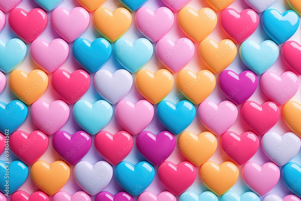 Background of multi-colored candies in the form of hearts by Generative AI