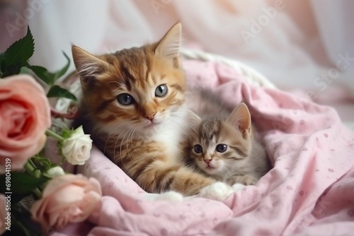 Mother cat with her kitten in a basket and pink flowers and pink blanket. Mother and child. Mother's day. Postcard, greeting card, puzzle, image for calendar or cover.