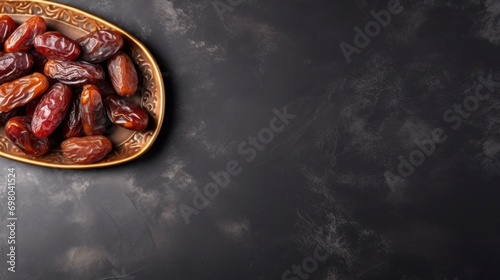 Plate with dried dates for Ramadan. copy space - generative ai