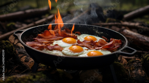 Outdoor Culinary Tradition: Eggs and Bacon Over Open Fire, Generative AI