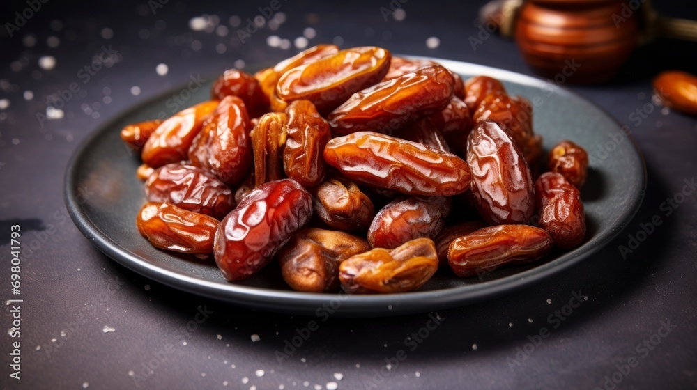 Plate with dried dates for Ramadan. copy space - generative ai Plate with dried dates for Ramadan. copy space - generative ai