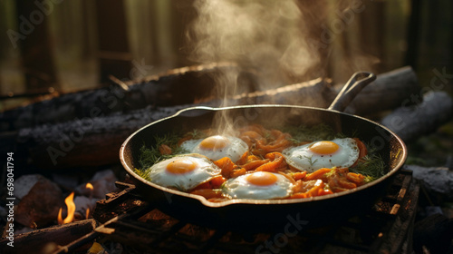 Rustic Cooking Bliss: Skillet Breakfast in the Wilderness, Generative AI