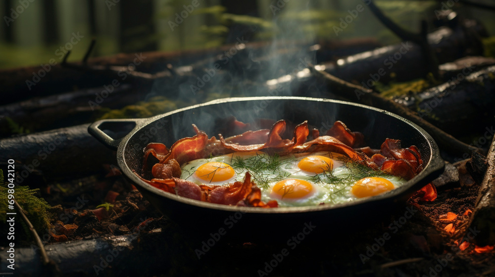 Rustic Culinary Adventure: Skillet Breakfast in the Forest, Generative AI Rustic Culinary Adventure: Skillet Breakfast in the Forest, Generative AI