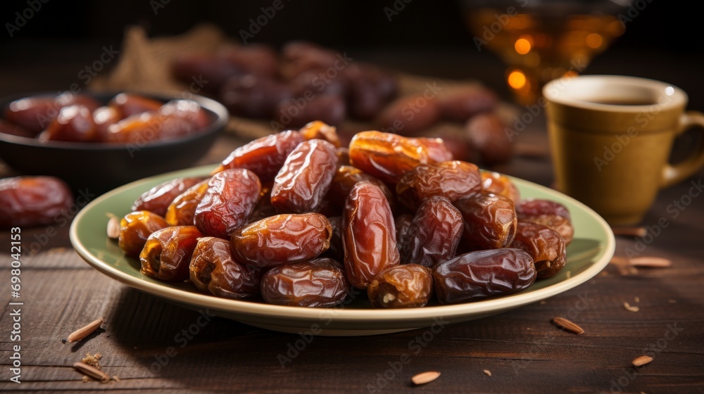 Plate with dried dates for Ramadan. copy space - generative ai Plate with dried dates for Ramadan. copy space - generative ai